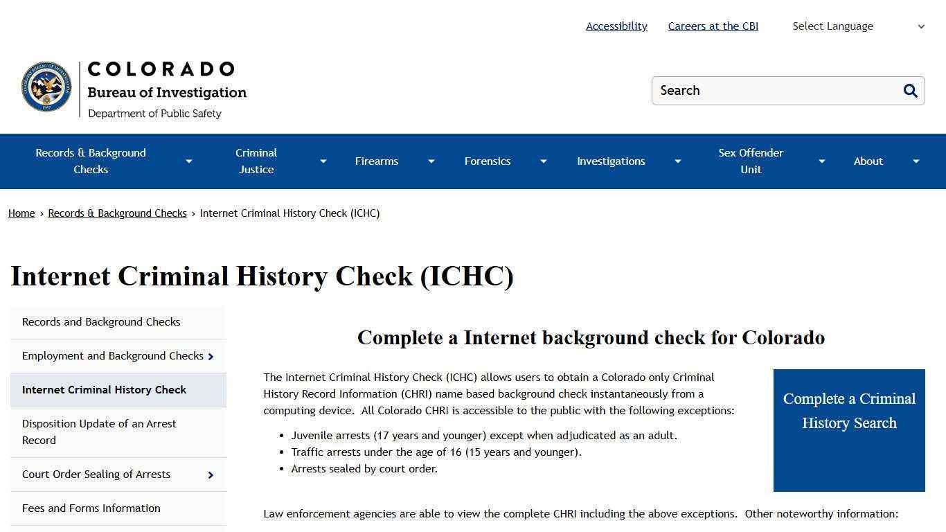 Internet Criminal History Check (ICHC) | Colorado Bureau of Investigation